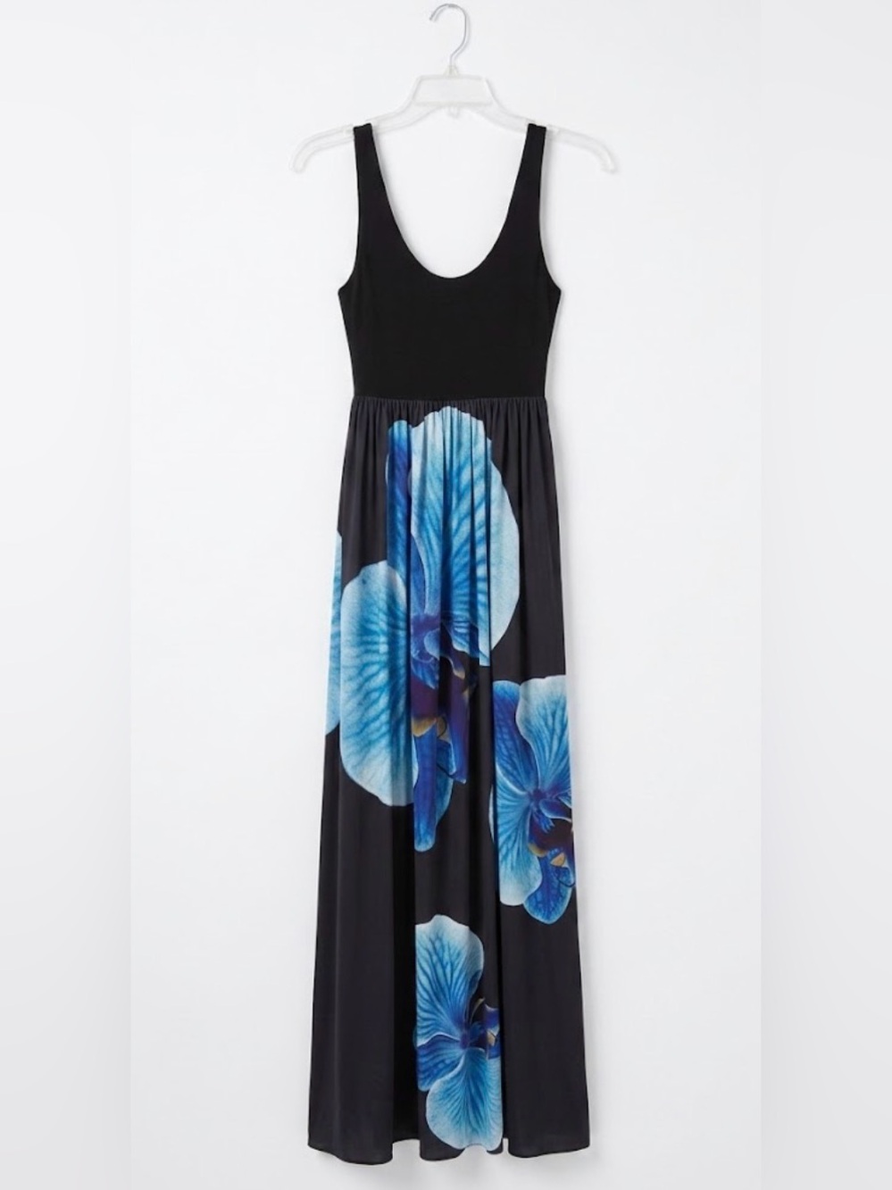 Alice + Olivia Black Silk Maxi Dress with Blue Floral Print / Size 4